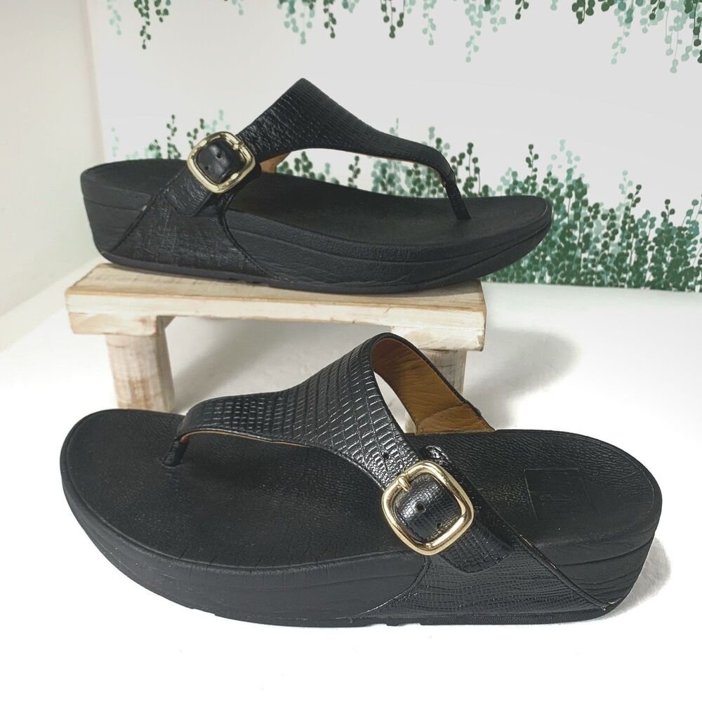 FitFlop Lulu Thong Sandals Sz 6 Womens Slip On Toe Post Buckle Leather Black